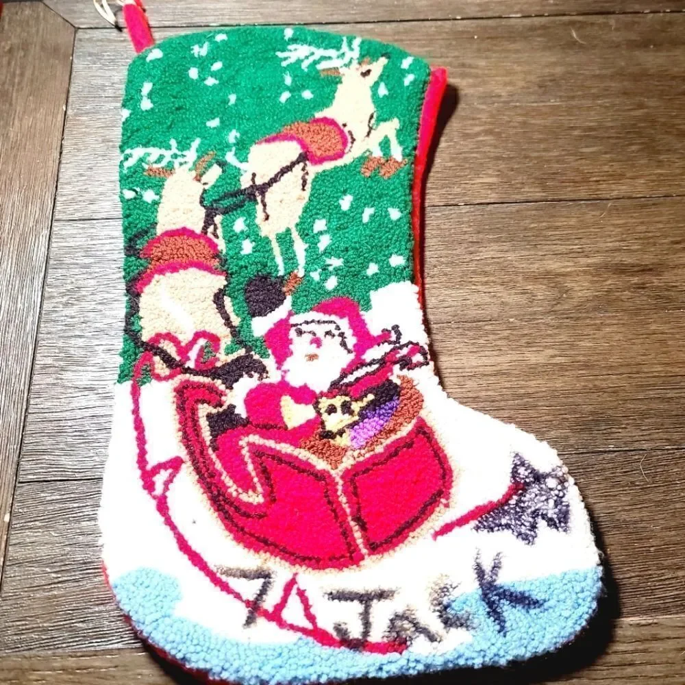 Vintage Christmas Needlepoint Stocking Santa Sleigh Reindeer